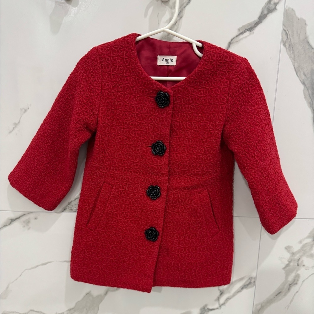 Annie Kids Red Pea Coat with Black Rose Buttons